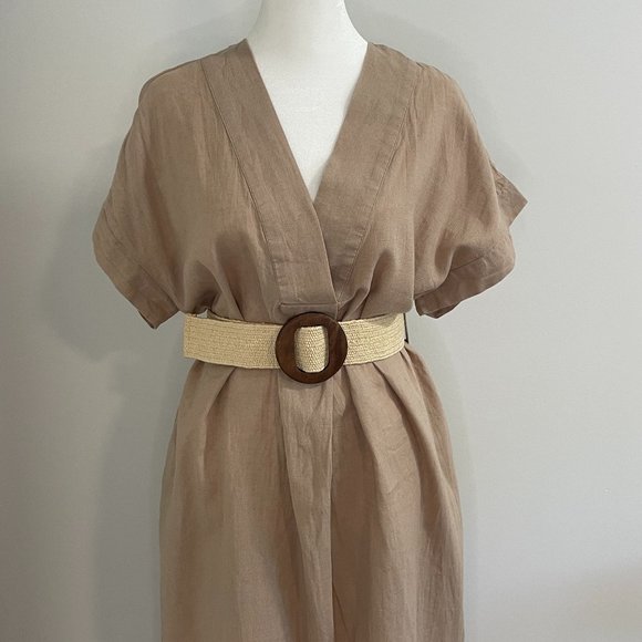 Zara Belted Tunic Dress, Beige Linen - Picture 5 of 9
